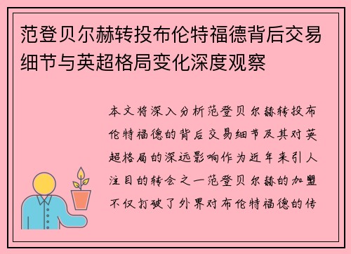 范登贝尔赫转投布伦特福德背后交易细节与英超格局变化深度观察